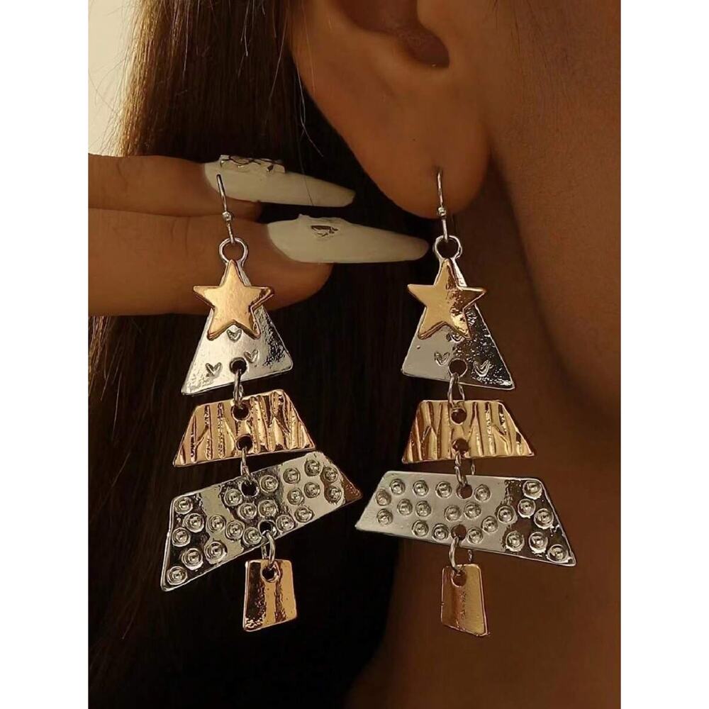Metallic Festive Christmas Holiday Tree Dangle Earrings
